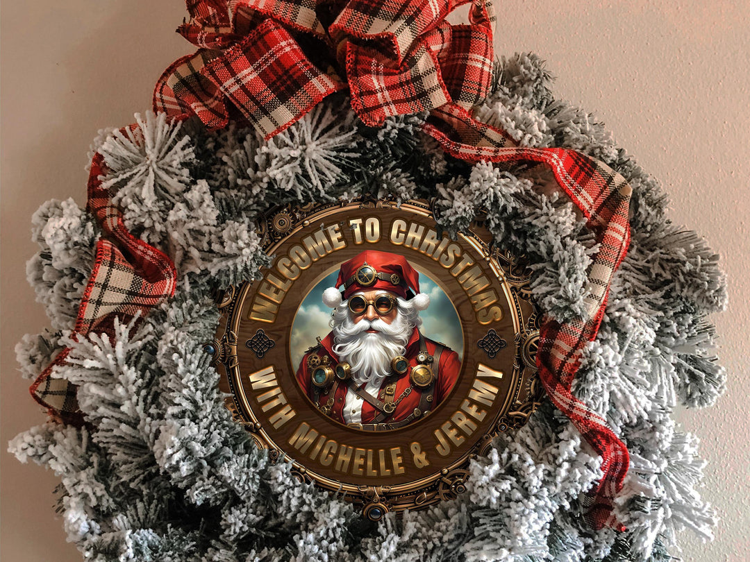 Personalized Steampunk Christmas Sign | Round Metal Santa Clause Sign | Family Christmas Sign | Round Steampunk Sign | Metal Christmas Sign