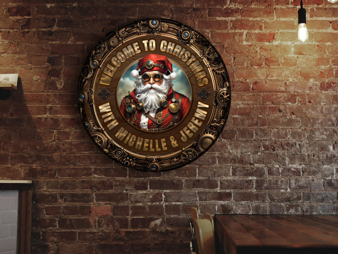 Personalized Steampunk Christmas Sign | Round Metal Santa Clause Sign | Family Christmas Sign | Round Steampunk Sign | Metal Christmas Sign