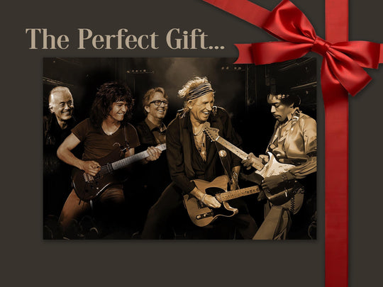 Jimmy Page wall art, Eddie Van Halen wall art, Eric Clapton wall art, Keith Richards wall art, Jimi Hendrix wall art.  These rock legends are beautifully portayed on this oil style canvas!  This makes the perfect gift for any friend or relative!