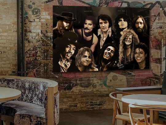 Rock Legends, Ronnie Van Zant, Freddie Mercury, Elvis Presley, Morrison, Lennon, Hendrix, Cobain, Marley, Janis Joplin and Michael Jackson