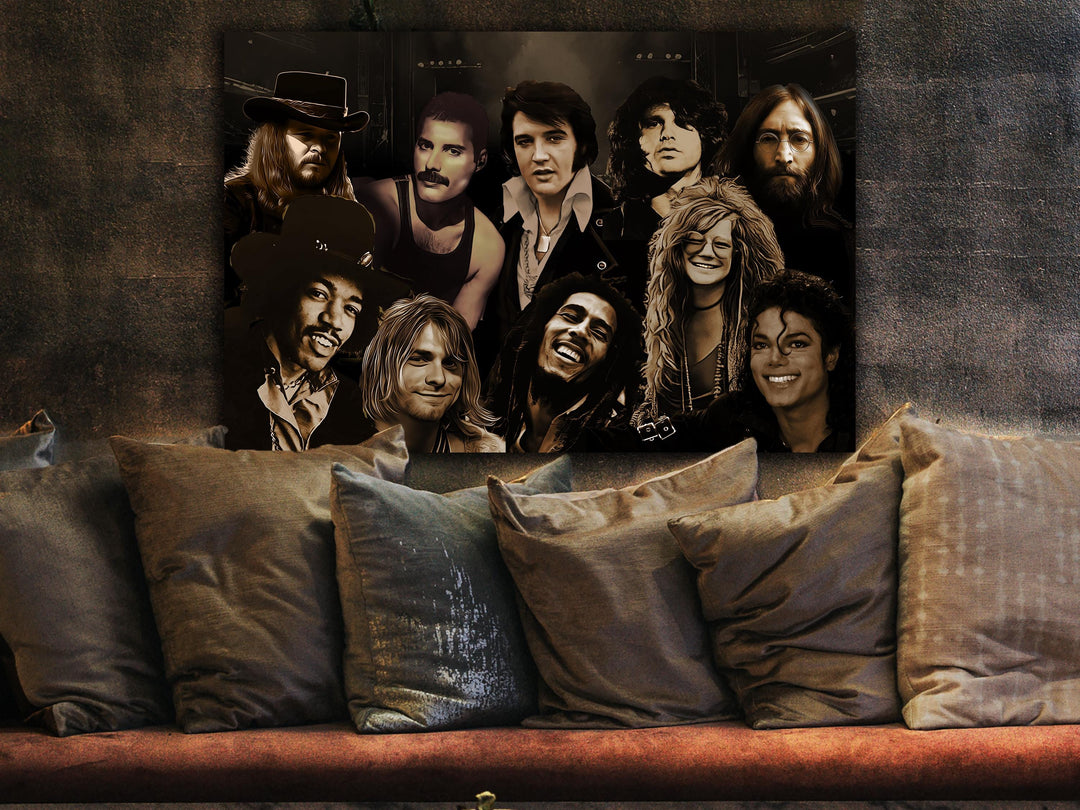Rock Legends, Ronnie Van Zant, Freddie Mercury, Elvis Presley, Morrison, Lennon, Hendrix, Cobain, Marley, Janis Joplin and Michael Jackson