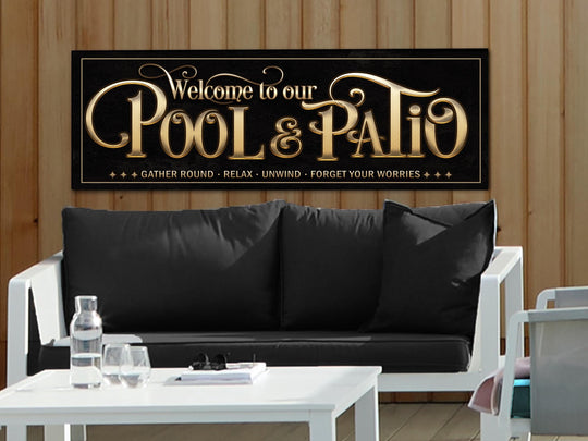Ready to ship, vintage gold, Pool & Patio sign.