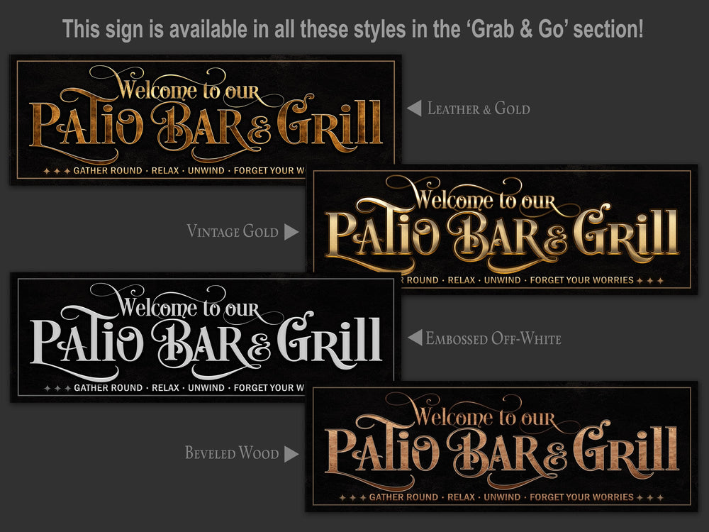 Grab'n Go Patio Bar and Grill Sign | Ready-Made Patio Bar Grill Sign | Ready to Order Patio Grill Sign | Vintage Gold Patio Bar Grill Sign