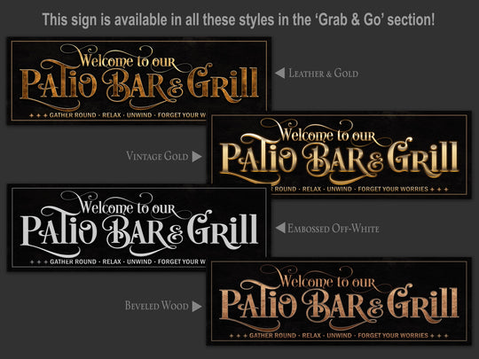 Grab'n Go Patio Bar and Grill Sign | Ready-Made Patio Bar Grill Sign | Ready to Order Patio Grill Sign | Vintage Gold Patio Bar Grill Sign
