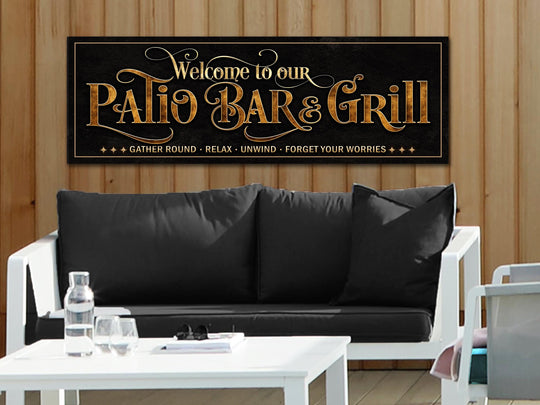 Ready to ship.  Leather and gold patio bar and grill sign.