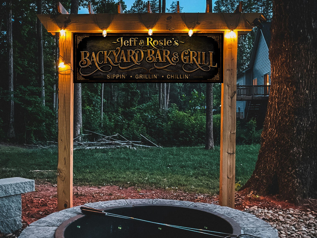Personalized Backyard Bar and Grill Sign with Family Name | Custom Bar and Grill Sippin', Grillin', Chillin' Sign | Customized Yard Sign
