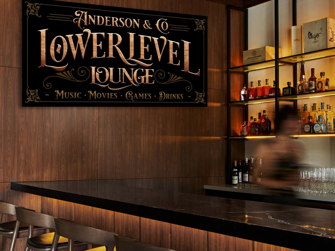Personlized woodgrain Lower Level bar sign.