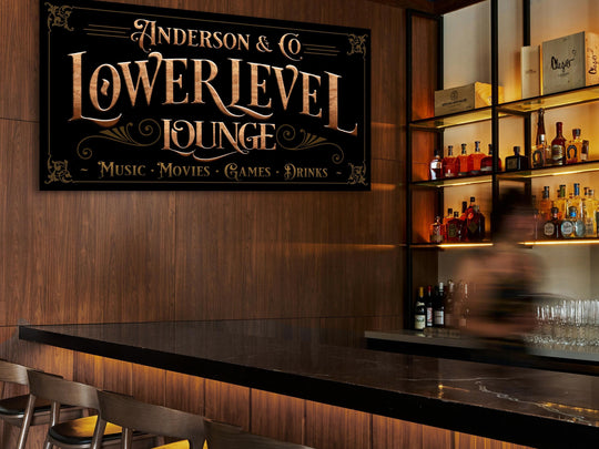Personlized woodgrain Lower Level bar sign.