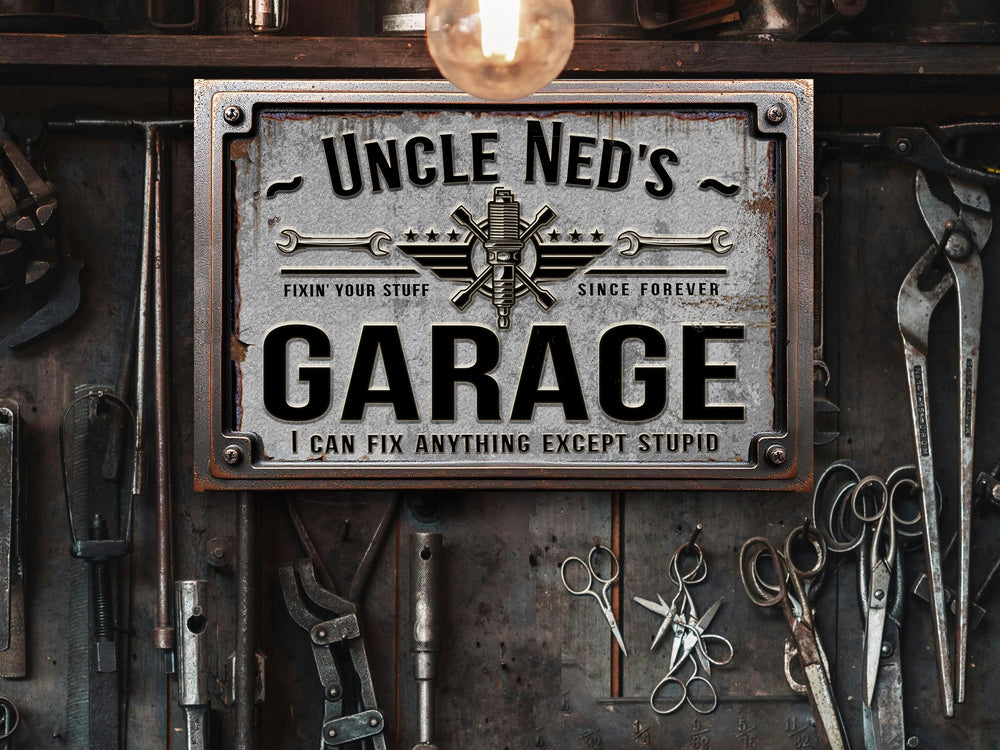 Custom Garage Sign | Personalized Workshop Sign | Can't Fix Stupid Sign | 18"x12" Rusty Metal Sign | Perfect Gift for Him