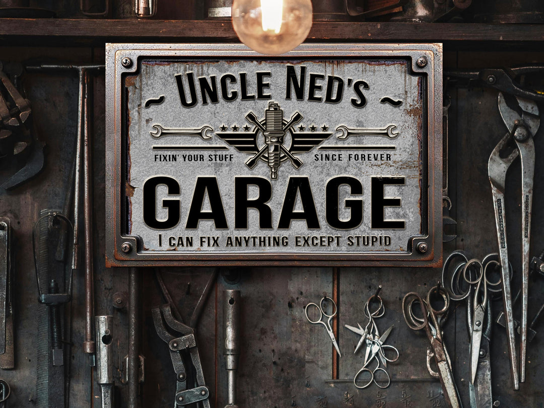 Custom Garage Sign | Personalized Workshop Sign | Can't Fix Stupid Sign | 18"x12" Rusty Metal Sign | Perfect Gift for Him
