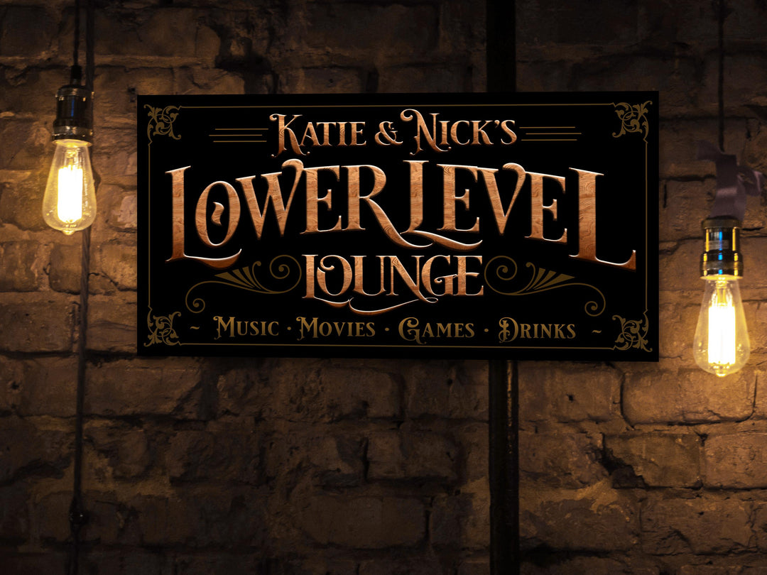 Lower Level Bar Sign, Personalized Bar Sign, Lower Level Sign, Man Cave Decor, Woodgrain Color Scheme, Available in Four Color Schemes