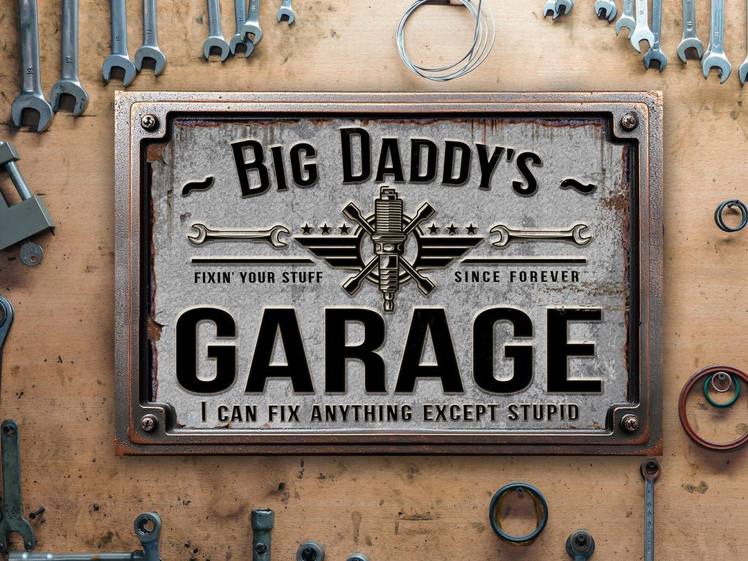 Custom Garage Sign | Personalized Workshop Sign | Can't Fix Stupid Sign | 18"x12" Rusty Metal Sign | Perfect Gift for Him