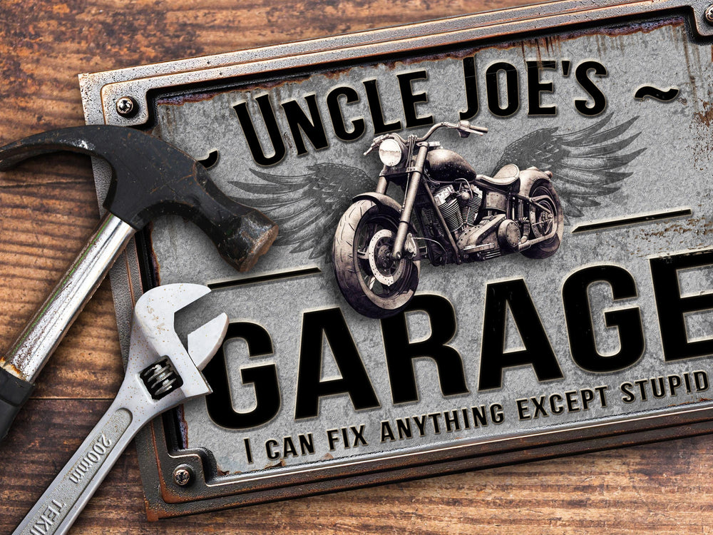 Custom Garage Sign | Personalized Garage Sign | Motorcycle Sign | Can't Fix Stupid Sign | Motorcycle Repair Sign | 18"x12" Rusty Metal Sign