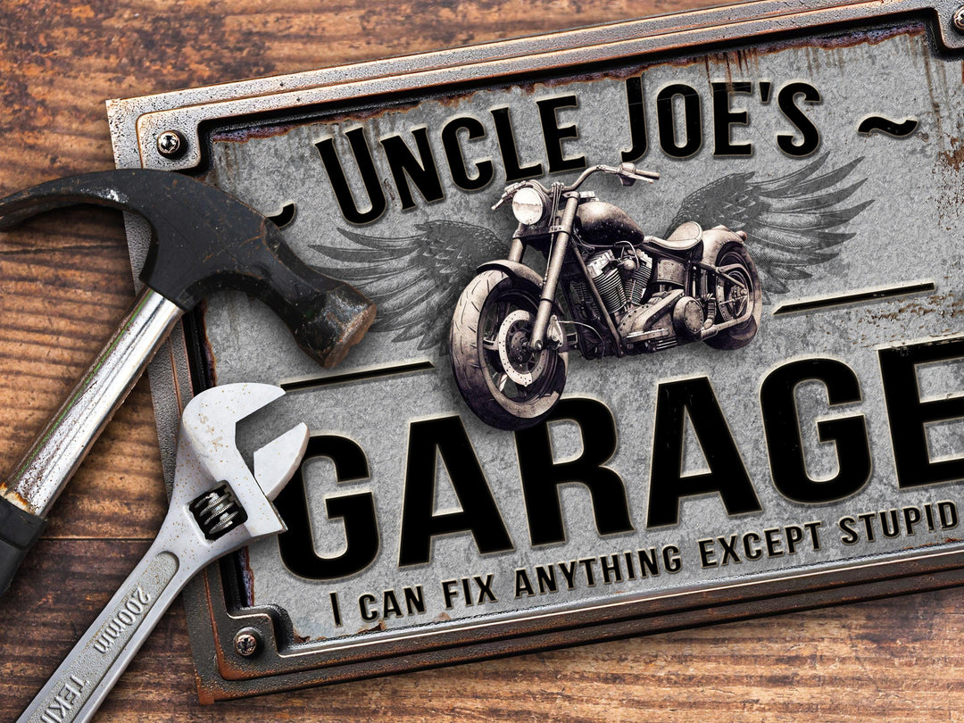 Custom Garage Sign | Personalized Garage Sign | Motorcycle Sign | Can't Fix Stupid Sign | Motorcycle Repair Sign | 18"x12" Rusty Metal Sign