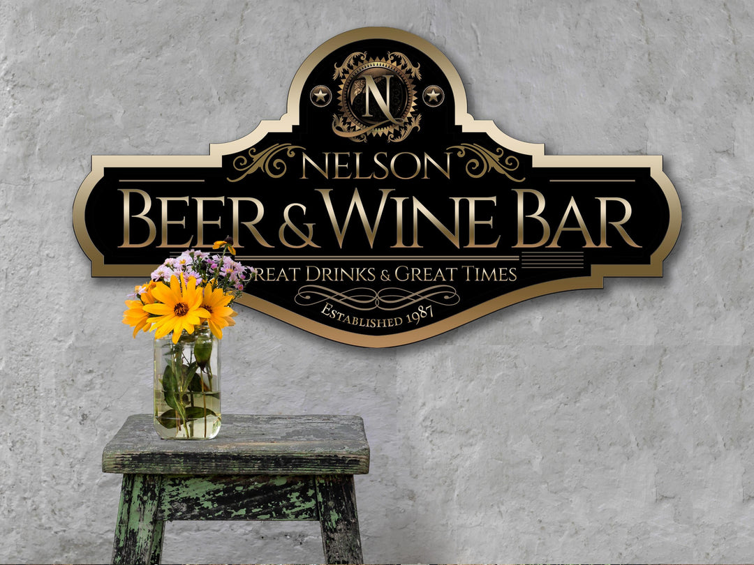 Beer and Wine Bar sign personalized with name and est. year.