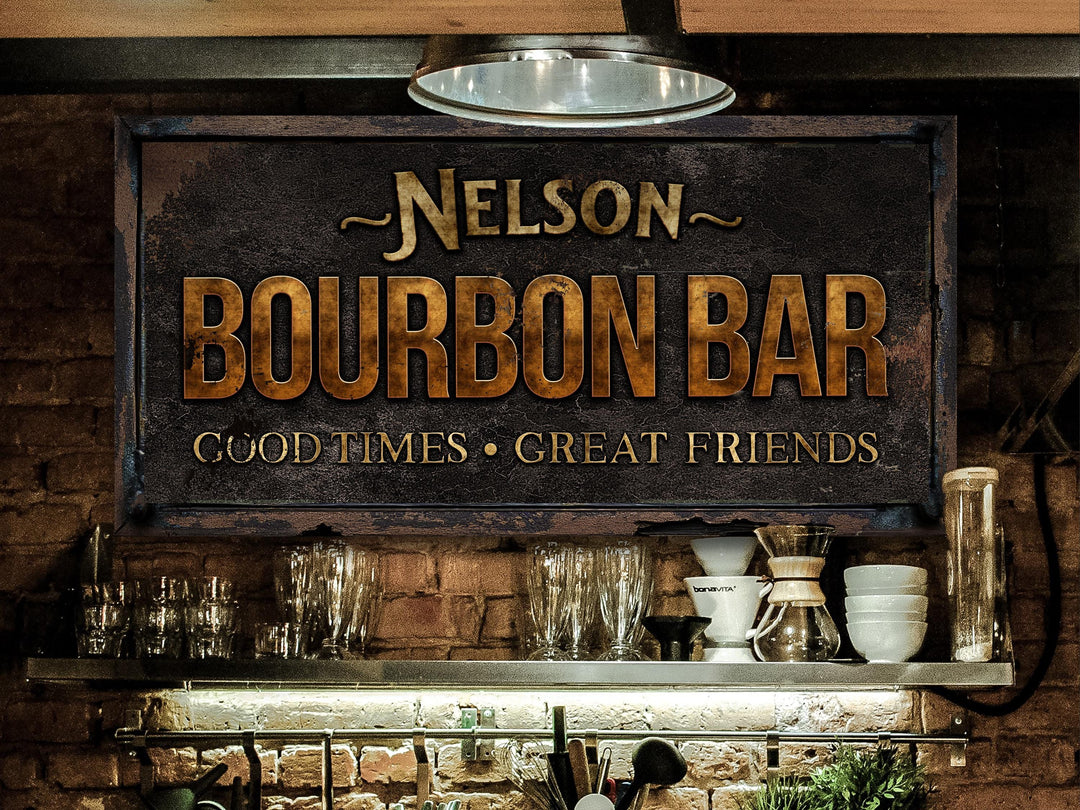 Bourbon Bar sign personalized with your name(s).  This sign is made in a primitive, rust style.