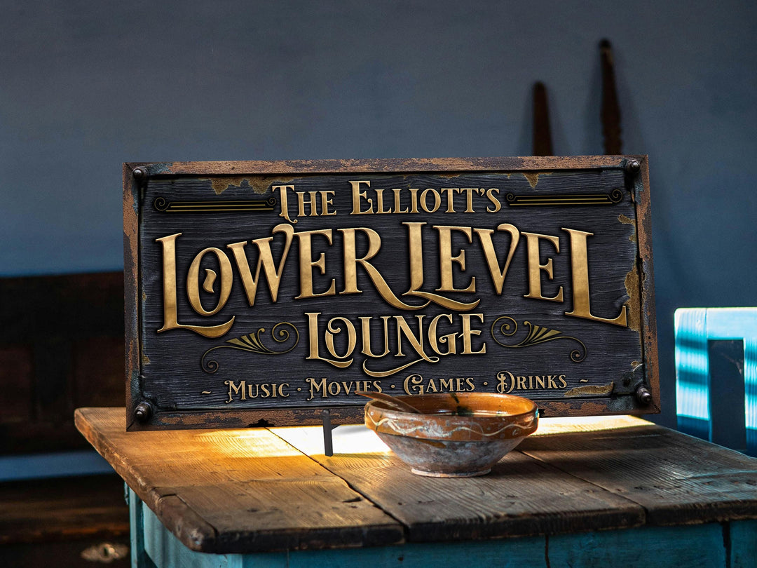 Lower Level Lounge Sign, Personalized Rusty Bar Sign, Family Lower Level Lounge Sign, Basement Bar Sign, Custom Bar Sign, Bar Decor