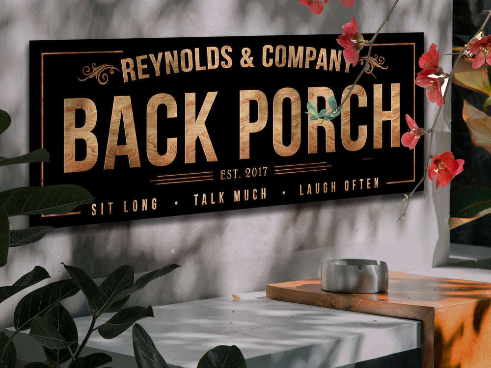 Farmhouse Back Porch Sign with Personalized Family Name | Country Porch Sign on Metal or Canvas Sign | Customized & Personalized Wall Art