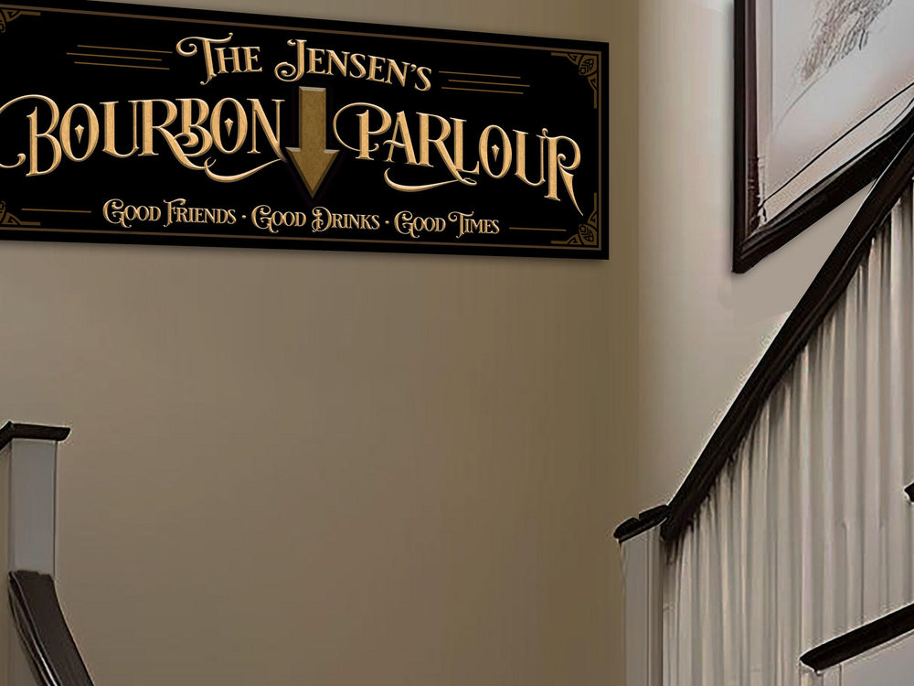 Custom Bourbon Bar Sign with Personalized Family Name | Custom Wall Decor on Metal or Canvas Sign | Customized & Personalized Wall Art