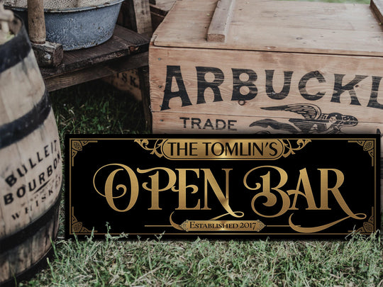 Classic Vintage Open Bar Sign | Personalized Bar Sign | Vintage Farmhouse Wall Decor | Large Vintage Open Bar Sign | Family Bar Decor