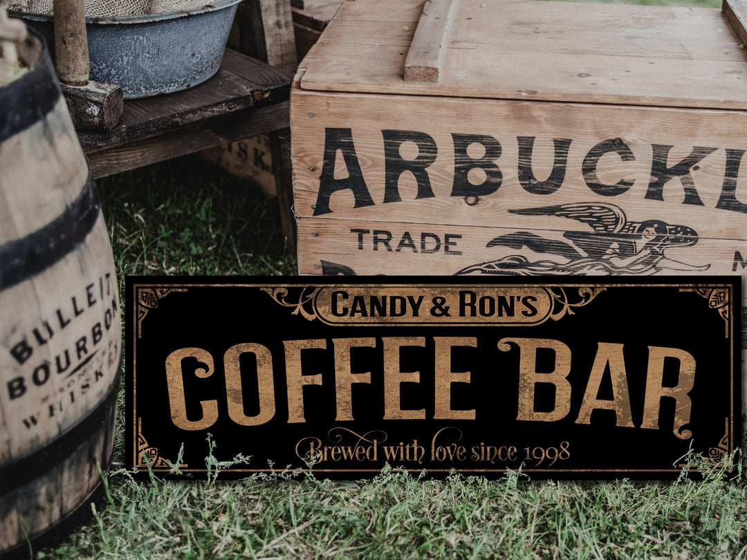 Primitive Coffee Bar Sign | Personalized Family Name Sign | Rustic Farmhouse Wall Decor | Large Vintage Coffee Bar Sign | Coffee Bar Decor