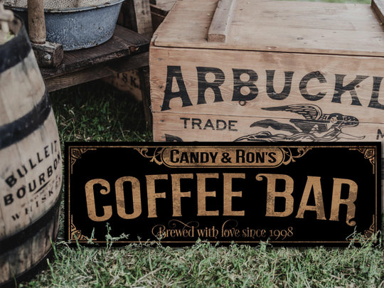 Primitive Coffee Bar Sign | Personalized Family Name Sign | Rustic Farmhouse Wall Decor | Large Vintage Coffee Bar Sign | Coffee Bar Decor
