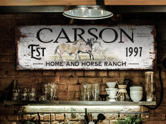 Horse Sign with Custom Family Name and Established Date | Modern Farmhouse Wall Decor on Aluminum Sign | Vintage Rust Wall Art