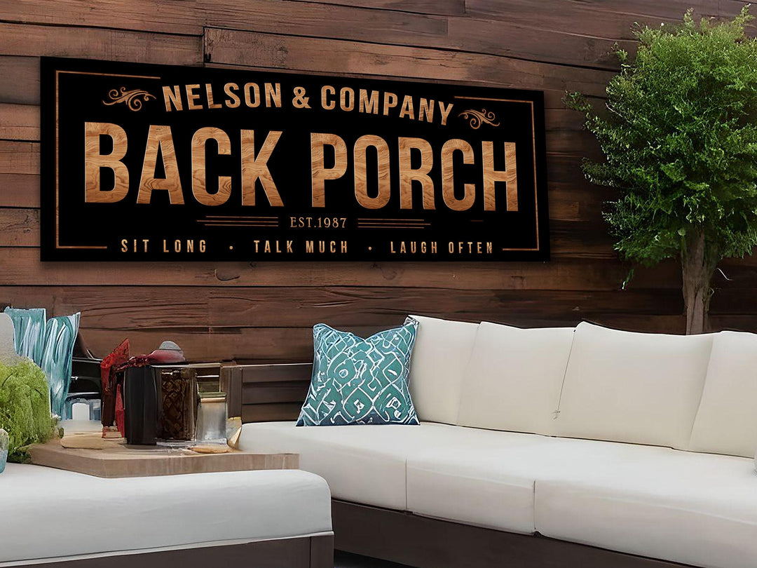 Farmhouse Back Porch Sign with Personalized Family Name | Country Porch Sign on Metal or Canvas Sign | Customized & Personalized Wall Art