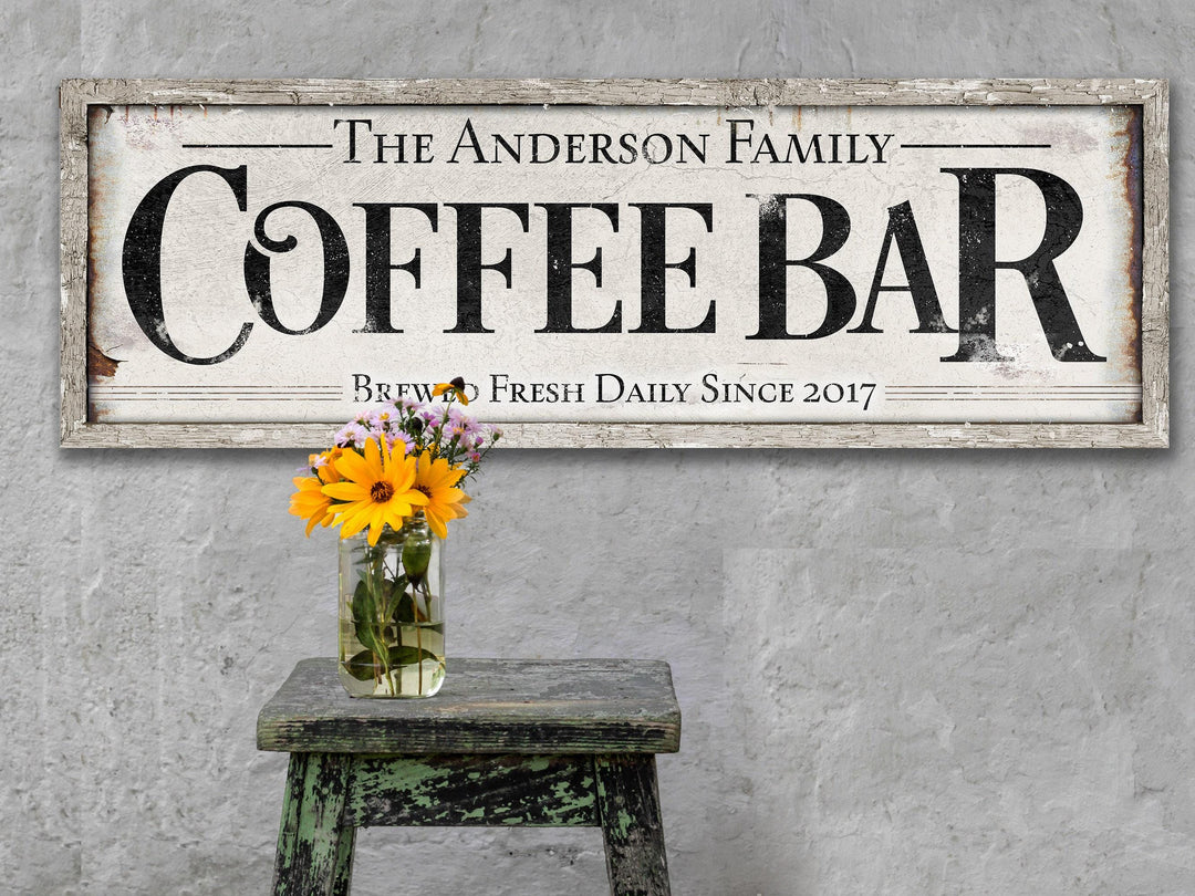 Coffee Bar Sign | Personalized Family Name Sign | Modern Farmhouse Wall Decor | Large Vintage Coffee Bar Sign | Coffee Bar Decor