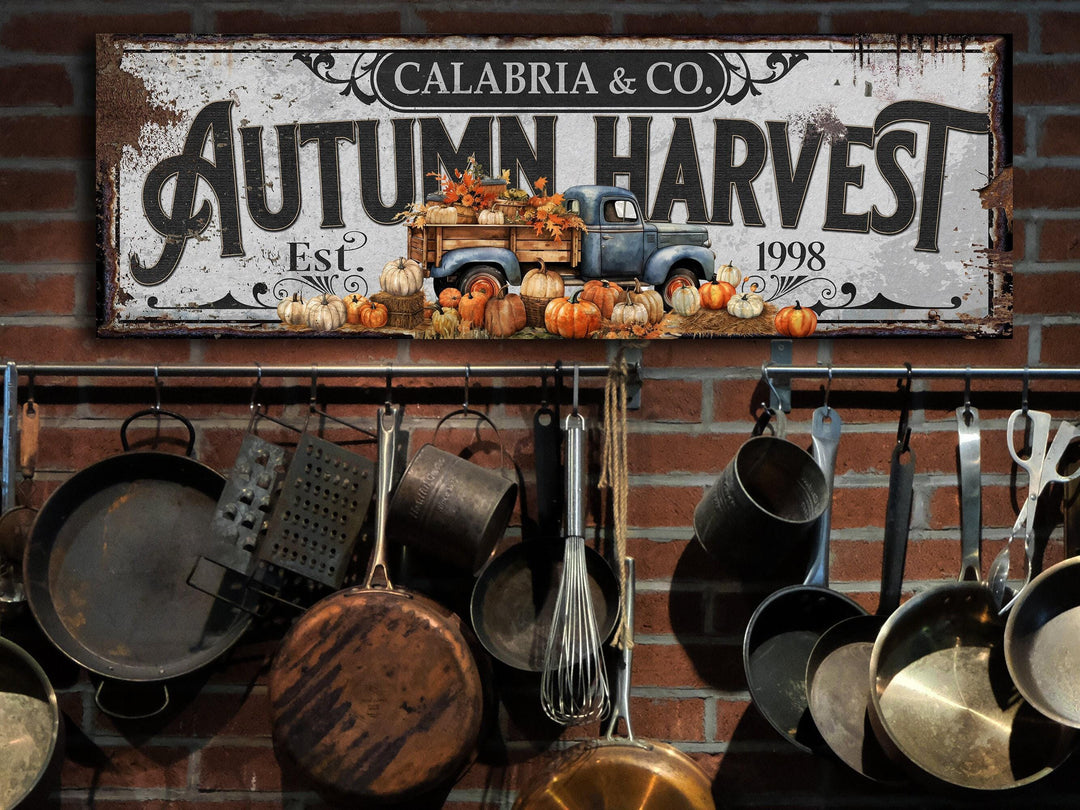 Autumn Harvest Thanksgiving Pumpkin Sign personalized with your last name and established year.