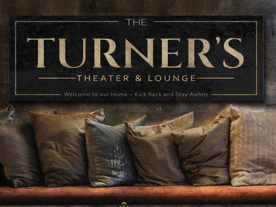 Theater and Lounge Sign with Personalized Family Name | Custom Wall Decor on Metal or Canvas Sign | Customized & Personalized Wall Art