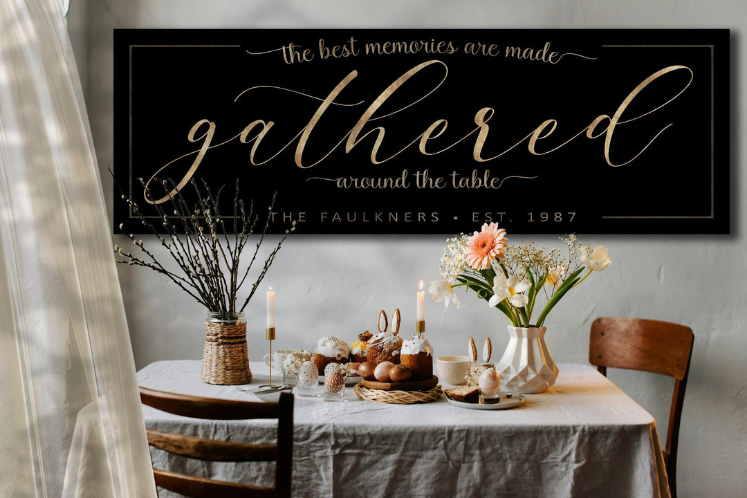 The best memories are made gathered around the table personalized sign with your family name.