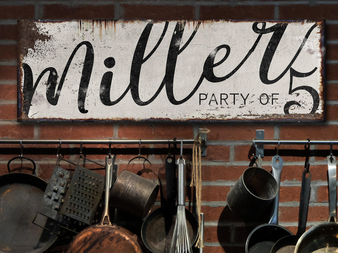 Personalized Party of Family Name Sign with rust edges and vintage farmhouse style.