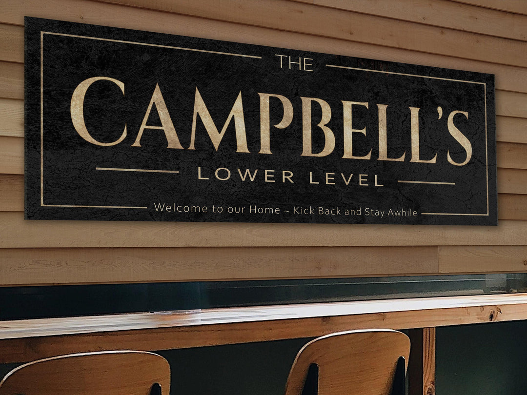 Custom Lower Level Bar Sign with Personalized Family Name | Custom Wall Decor on Metal or Canvas Sign | Customized & Personalized Wall Art