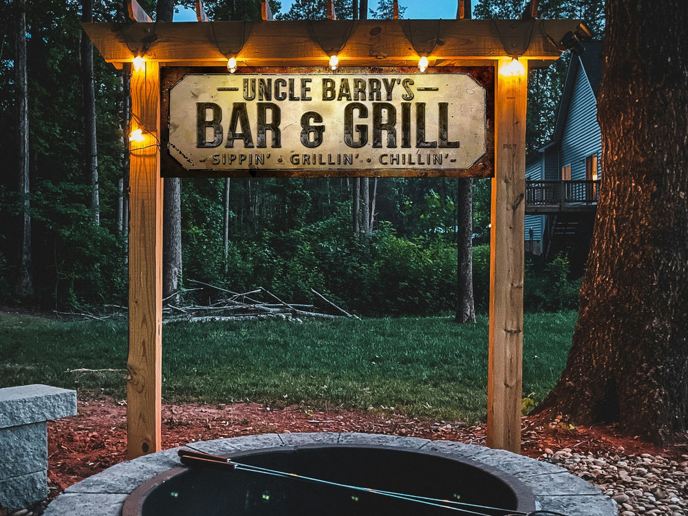 Weathered Faux Brass Bar and Grill Sign with Family Name | Personalized Bar & Grill Sign | Customized Family Bar and Grill Sign | Bar Grill