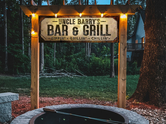 Weathered Faux Brass Bar and Grill Sign with Family Name | Personalized Bar & Grill Sign | Customized Family Bar and Grill Sign | Bar Grill
