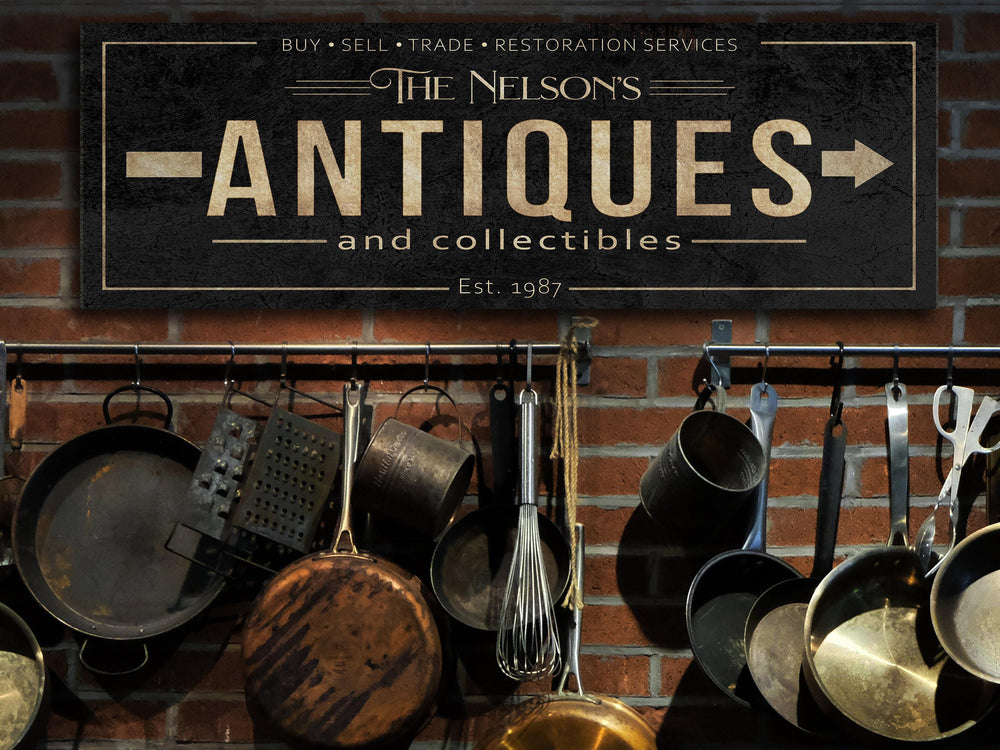 Antiques Sign with Personalized Family Name | Antiques Collectibles Custom Wall Decor on Aluminum Sign | Customized & Personalized Wall Art