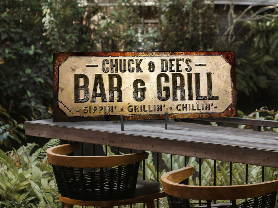 Weathered Faux Brass Bar and Grill Sign with Family Name | Personalized Bar & Grill Sign | Customized Family Bar and Grill Sign | Bar Grill