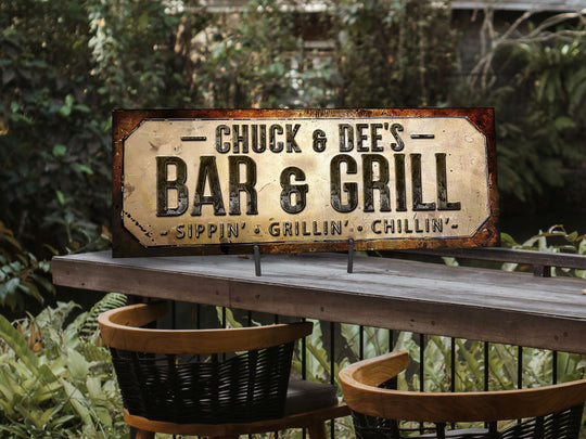 Weathered Faux Brass Bar and Grill Sign with Family Name | Personalized Bar & Grill Sign | Customized Family Bar and Grill Sign | Bar Grill
