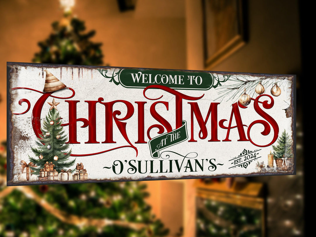 Personalized Welcome to Family Christmas Sign | Primitive Sign | Minimal Distressed Christmas Sign | Large Christmas Sign | Large Metal Sign