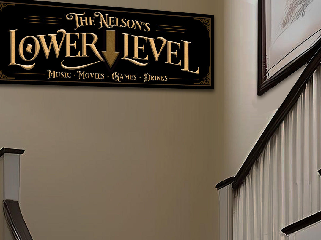 Custom Lower Level Sign with Personalized Family Name | Custom Wall Decor on Metal or Canvas Sign | Customized & Personalized Wall Art