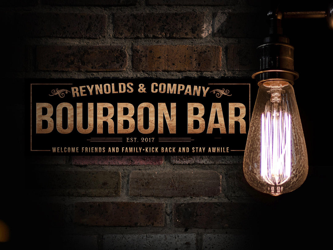 Vintage Bourbon Bar Sign with Personalized Family Name | Custom Wall Decor on Metal or Canvas Sign | Customized & Personalized Wall Art