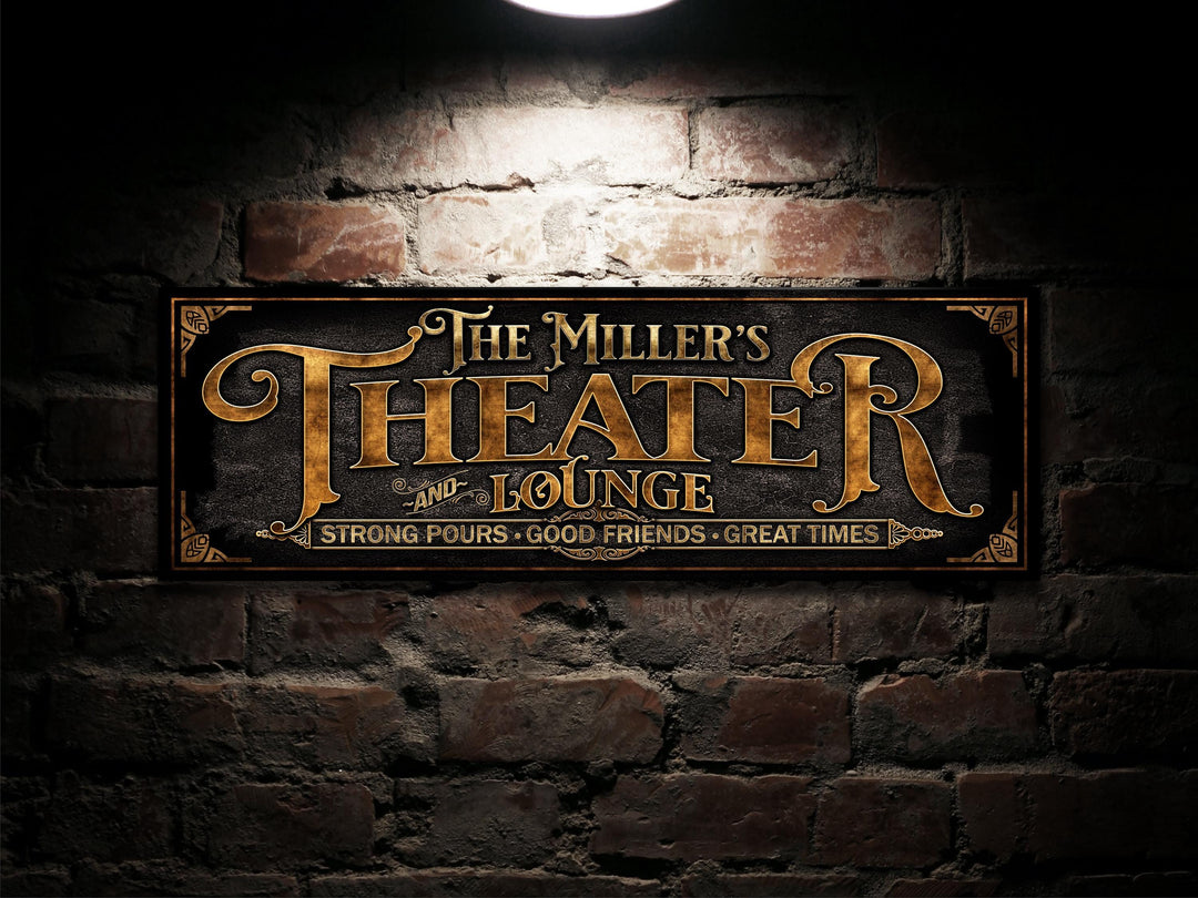 Theater and Lounge Sign with Family Name | Personalized Home Theater Sign | Customized Theater and Lounge Sign | Theater and Bar Sign