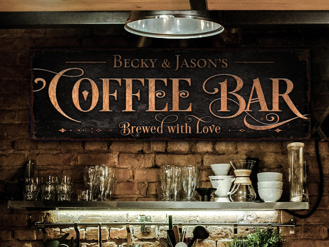 Coffee Bar Sign | Personalized Family Name Sign | Modern Farmhouse Wall Decor | Large Vintage Coffee Bar Sign | Coffee Bar Decor