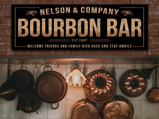 Vintage Bourbon Bar Sign with Personalized Family Name | Custom Wall Decor on Metal or Canvas Sign | Customized & Personalized Wall Art