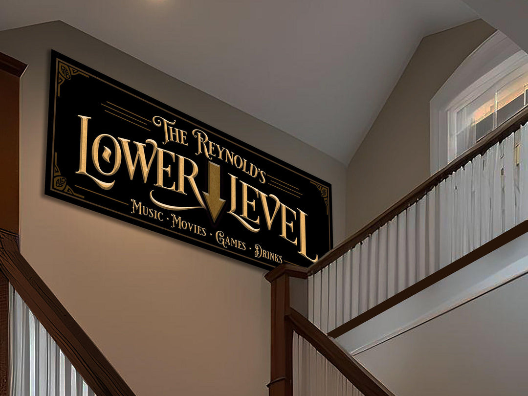 Custom Lower Level Sign with Personalized Family Name | Custom Wall Decor on Metal or Canvas Sign | Customized & Personalized Wall Art