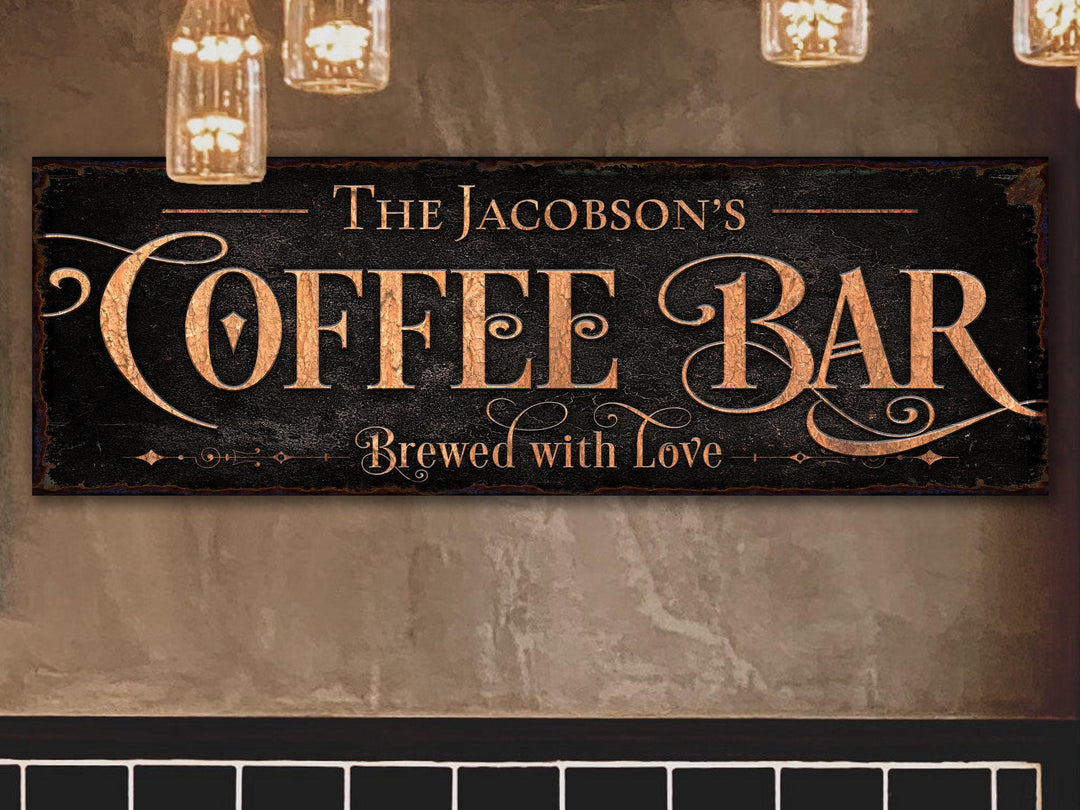 Coffee Bar Sign | Personalized Family Name Sign | Modern Farmhouse Wall Decor | Large Vintage Coffee Bar Sign | Coffee Bar Decor