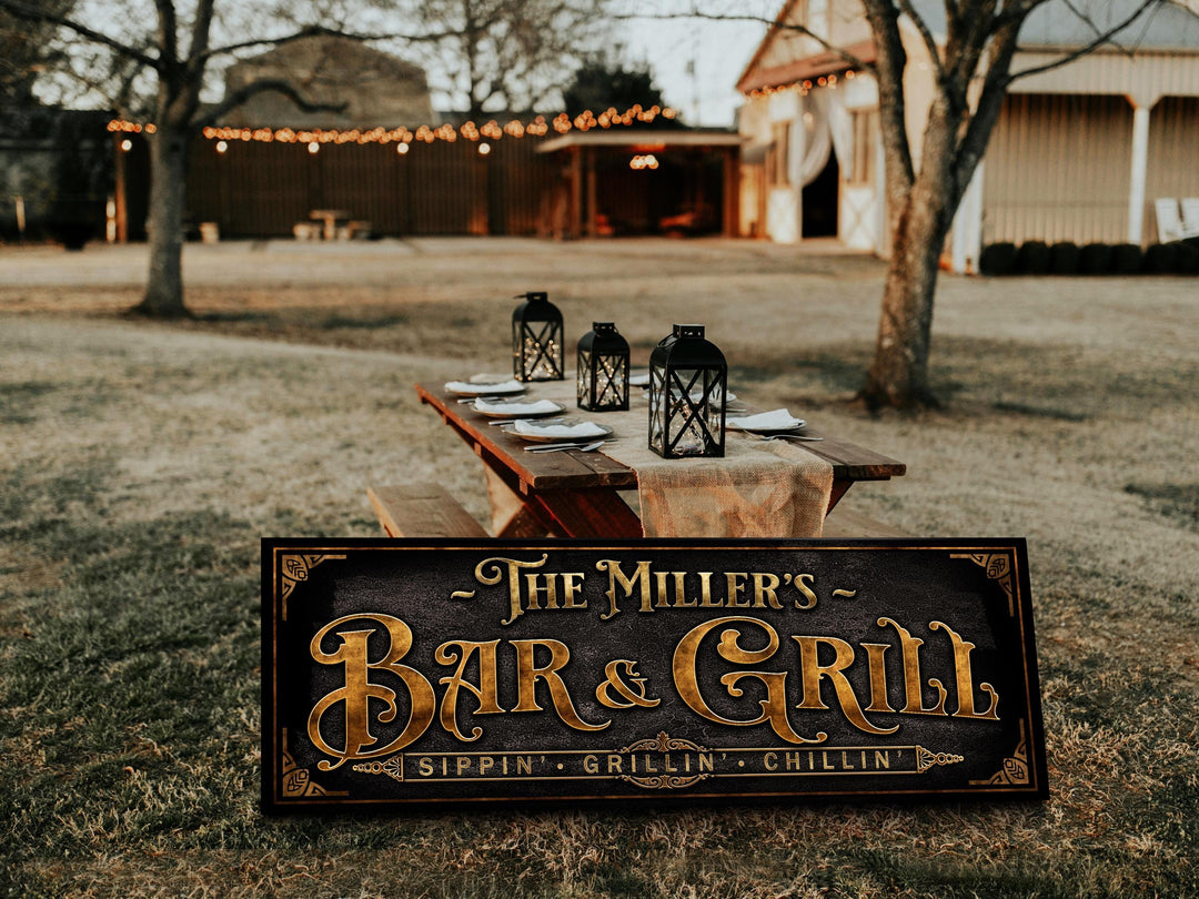 Bar & Grill Sign with Family Name | Personalized Patio Bar Sign | Customized Family Patio Sign | Personalized Patio Bar and Lounge Sign