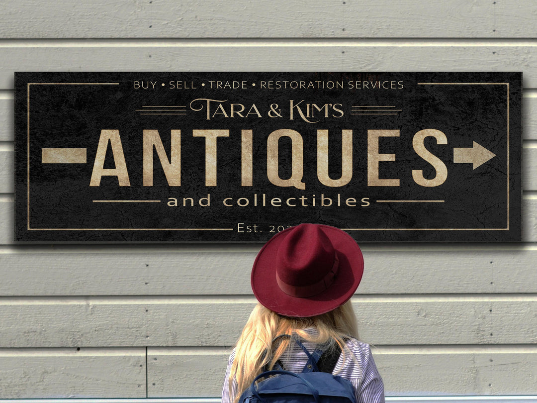 Antiques Sign with Personalized Family Name | Antiques Collectibles Custom Wall Decor on Aluminum Sign | Customized & Personalized Wall Art