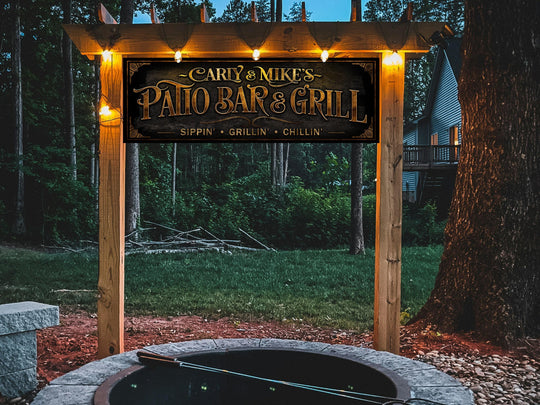 Personalized Patio Bar and Grill Sign with Family Name | Custom Bar and Grill Sippin', Grillin', Chillin' Sign | Customized Patio Sign